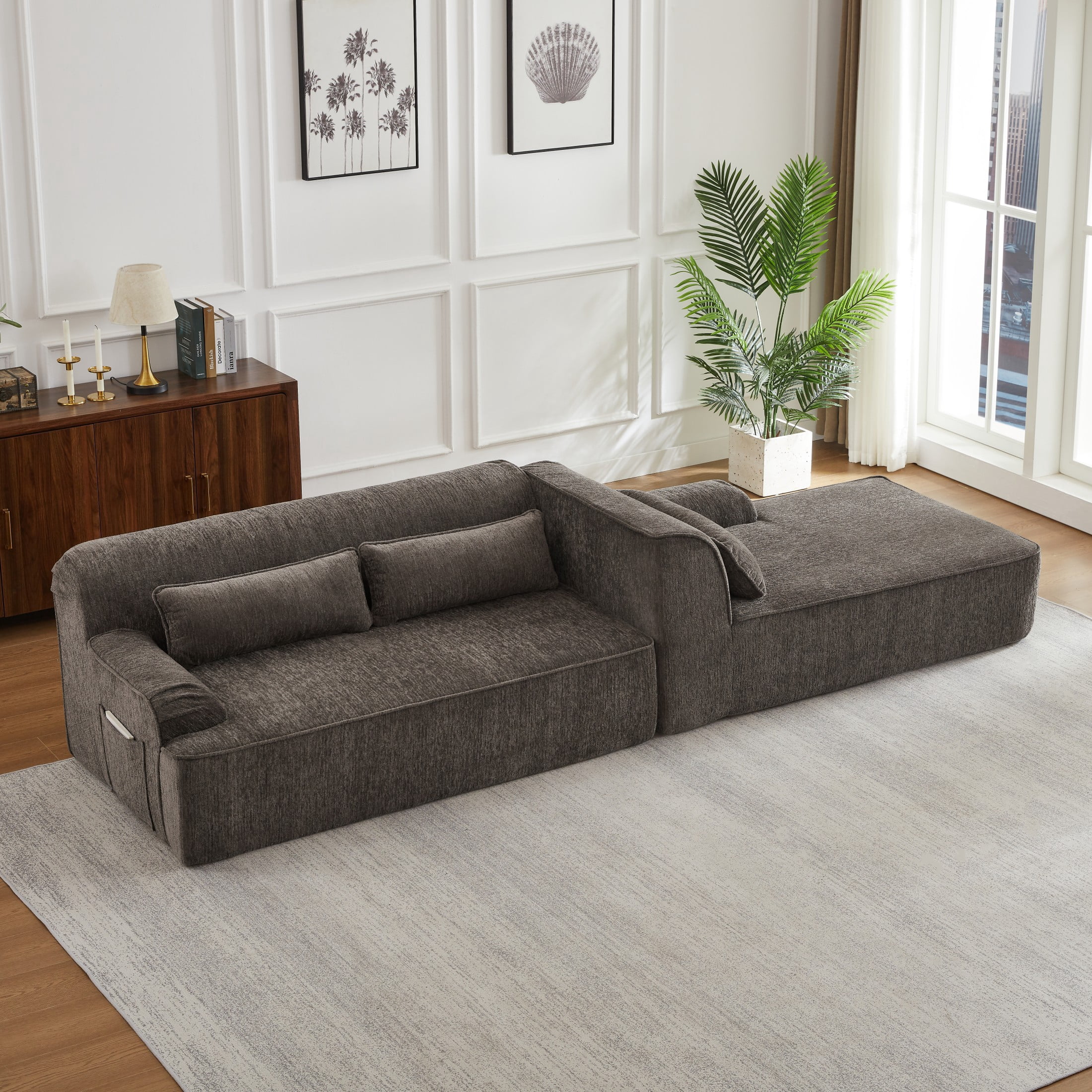 Aukfa 2-Piece Modular Chenille Sectional Sofa, 26.5" Deep Seat, No Assembly, Left Chaise, Brown