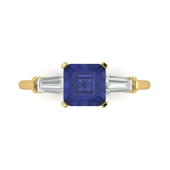1.62 ctw 3 Stone Anniversary Ring for Women | Square Emerald Cut Simulated Tanzanite | Hyperallergenic Solid 14K Yellow Gold