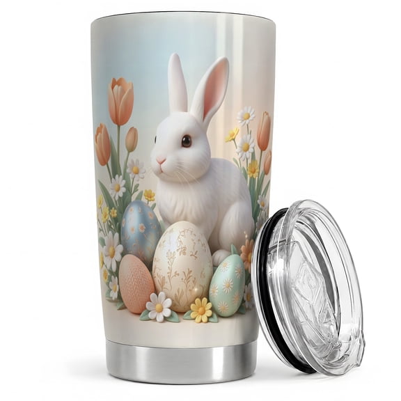 White Easter Bunny 20oz Tumbler, Bunny Egg Tumbler, Daily Drinks, Pastel Tulip Daisy Floral Artwork, Soft Spring Garden Detail, Cute Rabbit Easter Design For Kids And Animal Lovers