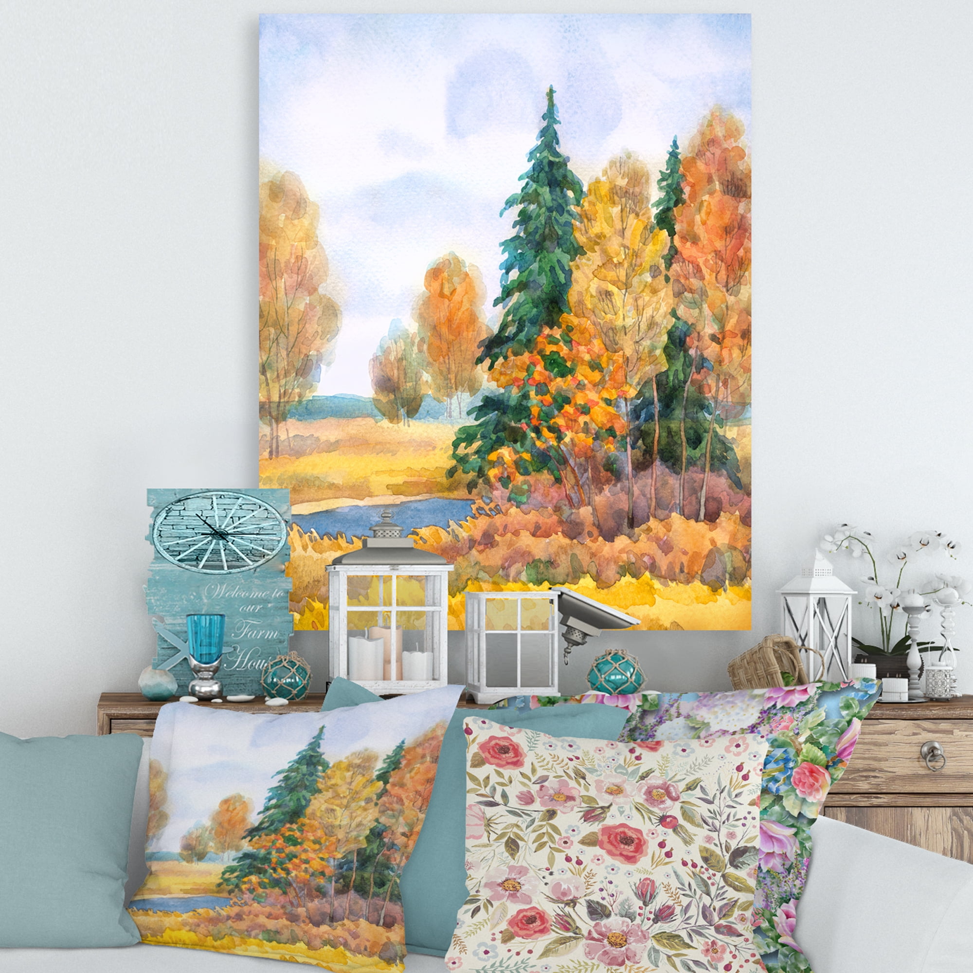 Designart ' Autumn Forest By The Lake Side V ' Lake House Canvas Wall Art Print