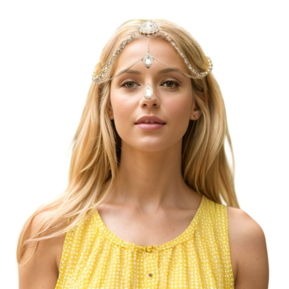 Unique Bargains 1 Pc Headpiece Faux Diamonds Tassels Head Chain Gold Tone