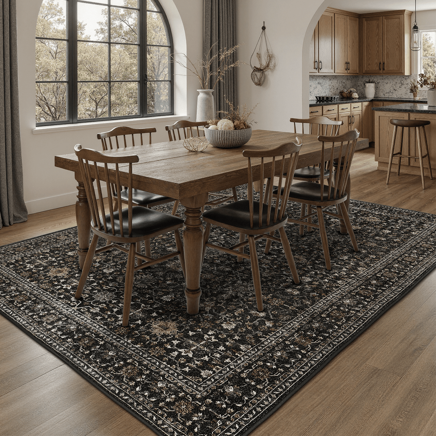 Floral 9x12 Area Rug, Machine Washable, Soft Vintage Floral Rug Non Slip Stain Resistant for Living Room -Black