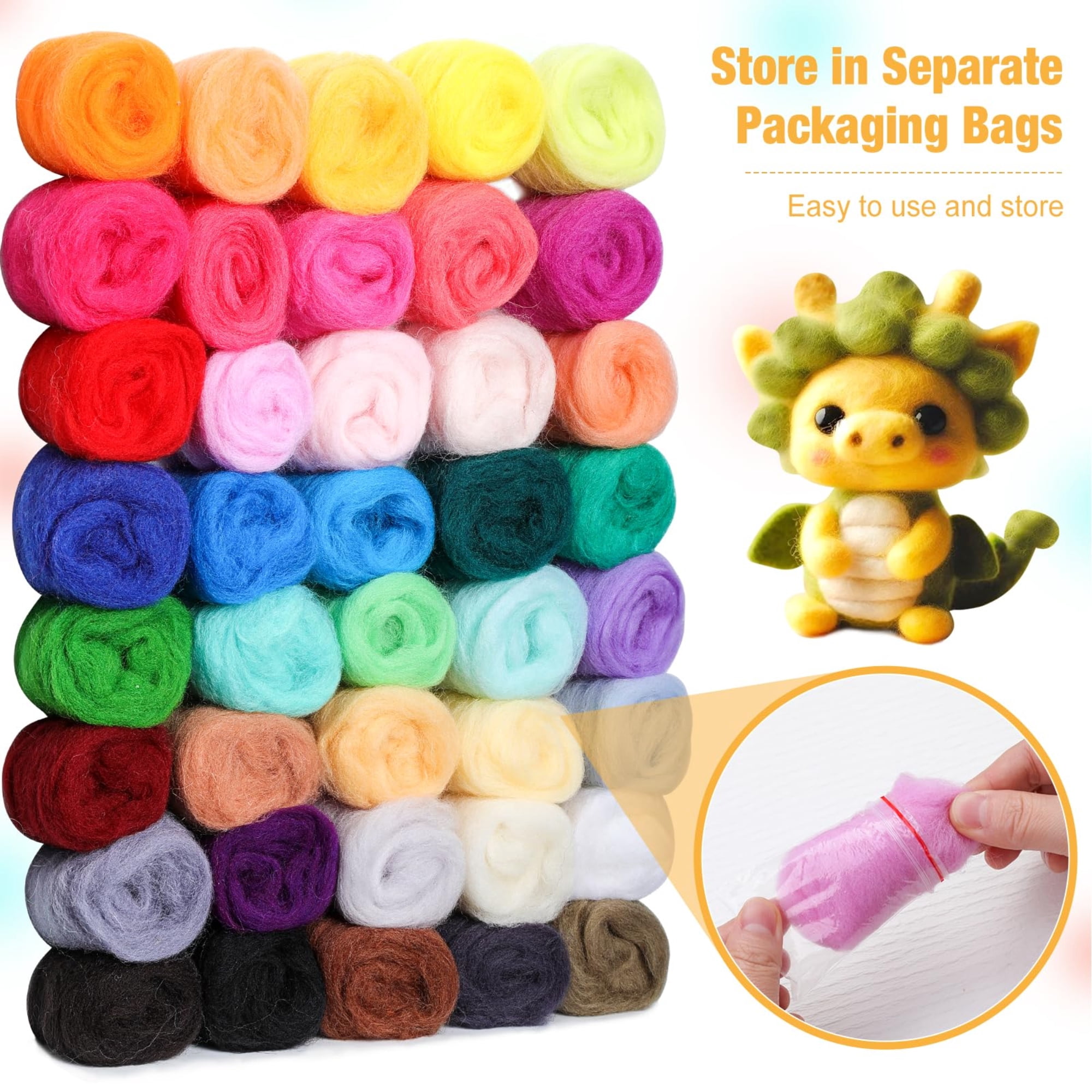 Needle Felting Starter Kit,Wool Roving 40 Colors Set, Wool Felt Tools Included for Felted Animal Needle Felting Supplies