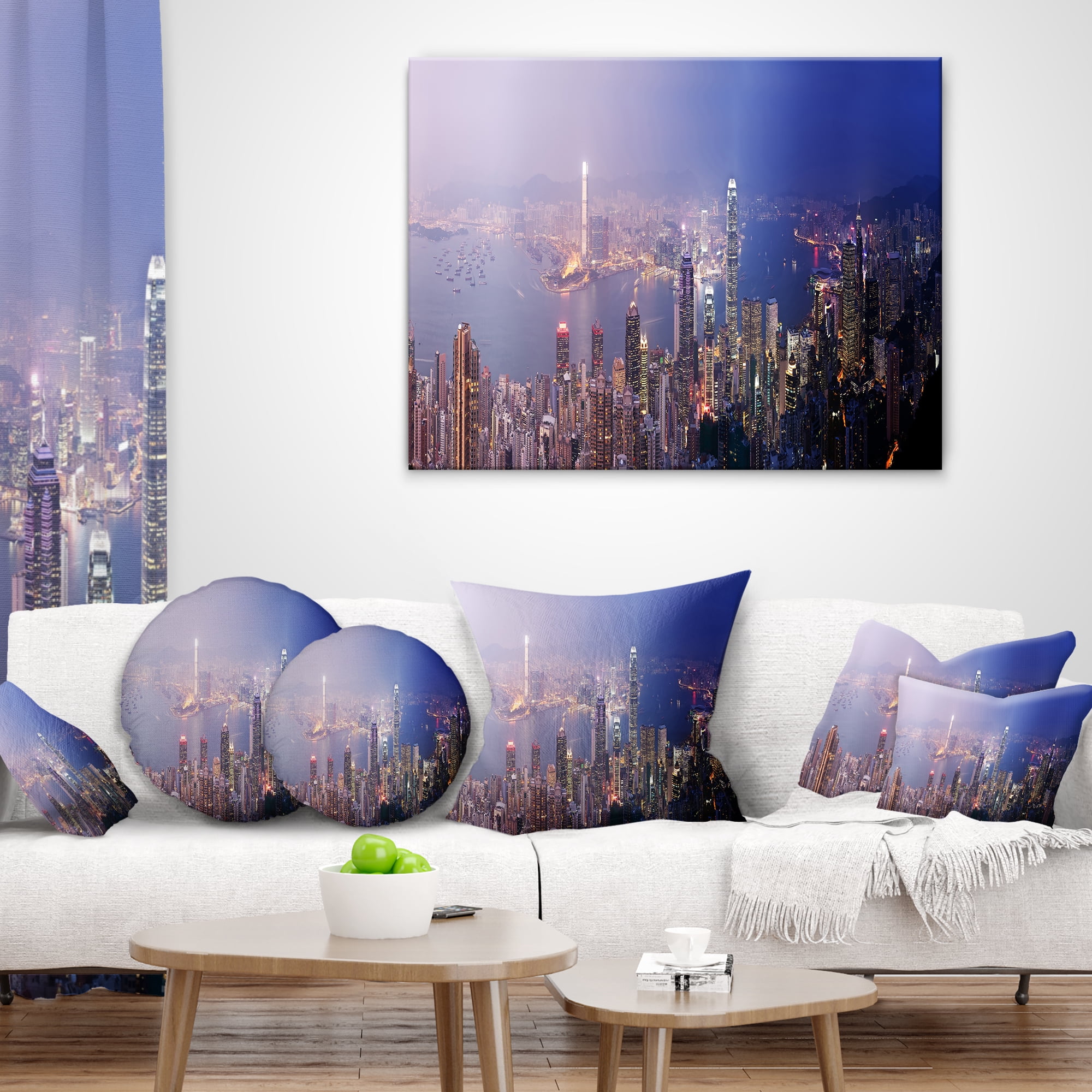 Designart Hong Kong from Day to Night - Cityscape Photo Throw Pillow - 18x18