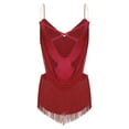 thumbnail image 2 of Kaerm Women Latin Dance Dress Ruched Mesh Glitter Fringed Leotard Dress Burgundy S, 2 of 5