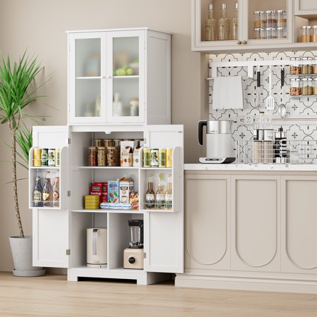 Homfa 67   Farmhouse Kitchen Pantry Cabinet   Tall Storage Cabinet with Frosted Glass Doors for Dining Room  White