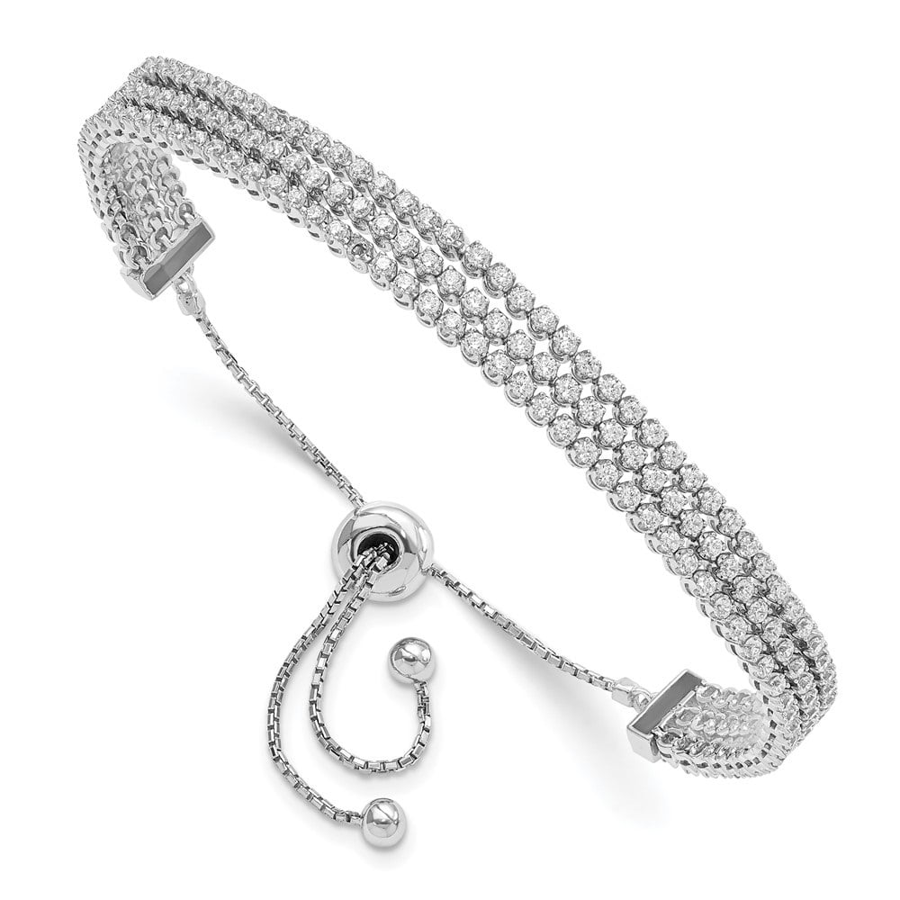 Genuine Sterling Silver Rhodium-Plated Fancy Design CZ Cross Cuff Bangle Bracelet