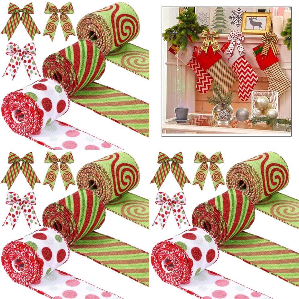 3Pcs 6.3Cm Christmas Ribbons Red Green Dot Wired Edge Ribbon Burlap Ribbons Crafts Ribbons For Christmas Bow Christmas Diy Decor