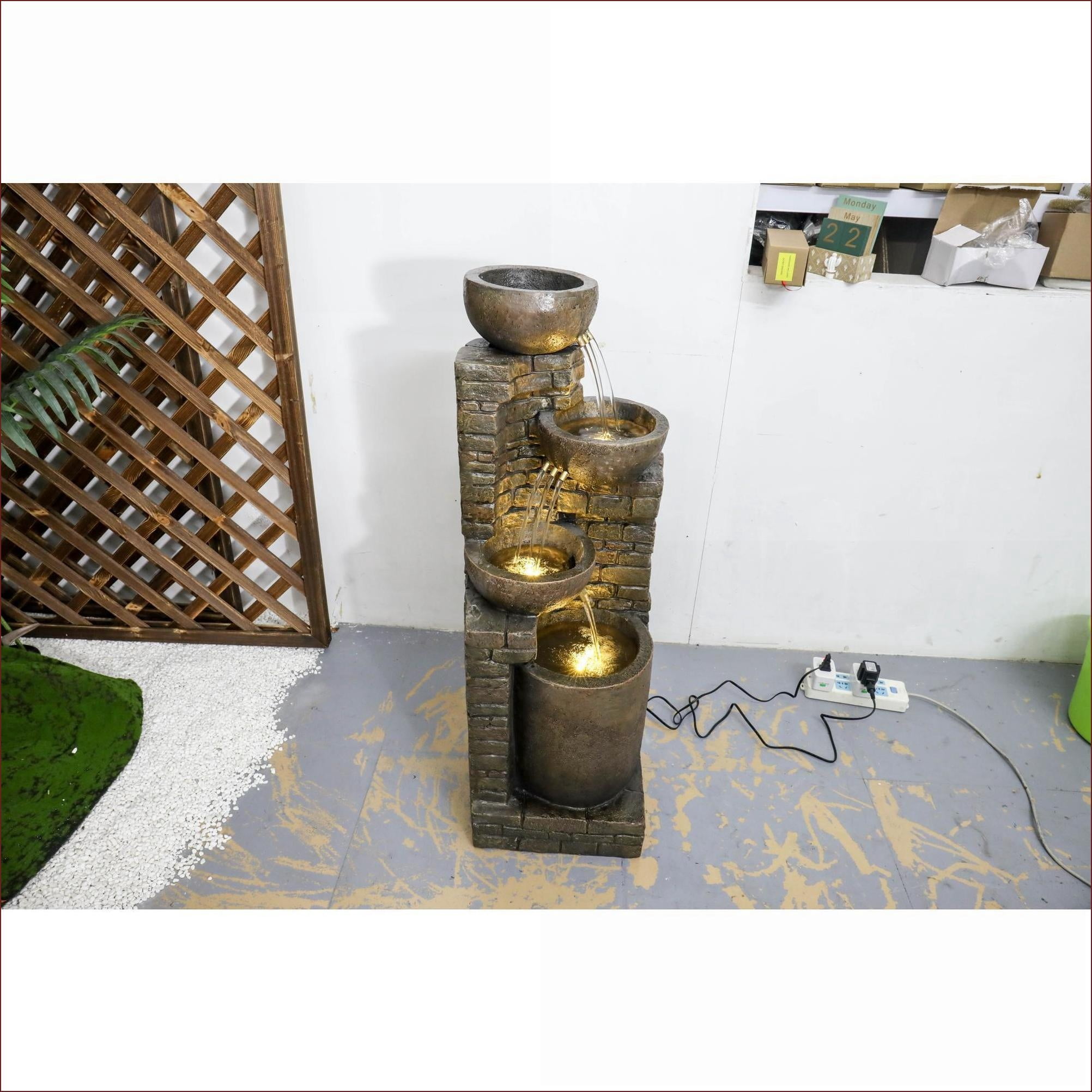 Fountains 38.2" H Outdoor Stacking Fountain for Garden Patio, with LED Lights & Built-in Pump | Resin | Walnut Brown