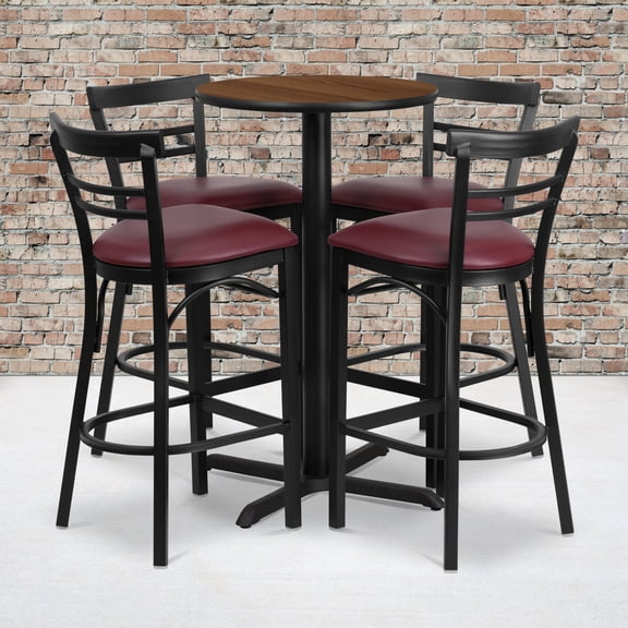 Emma   Oliver 24RD Walnut Table Set-X-Base-4 2Slat Back Stools,Burgundy Seat
