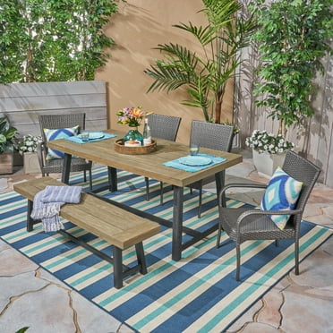 Noble House Baxley 6 Piece Wood Top Patio Dining Set in Gray