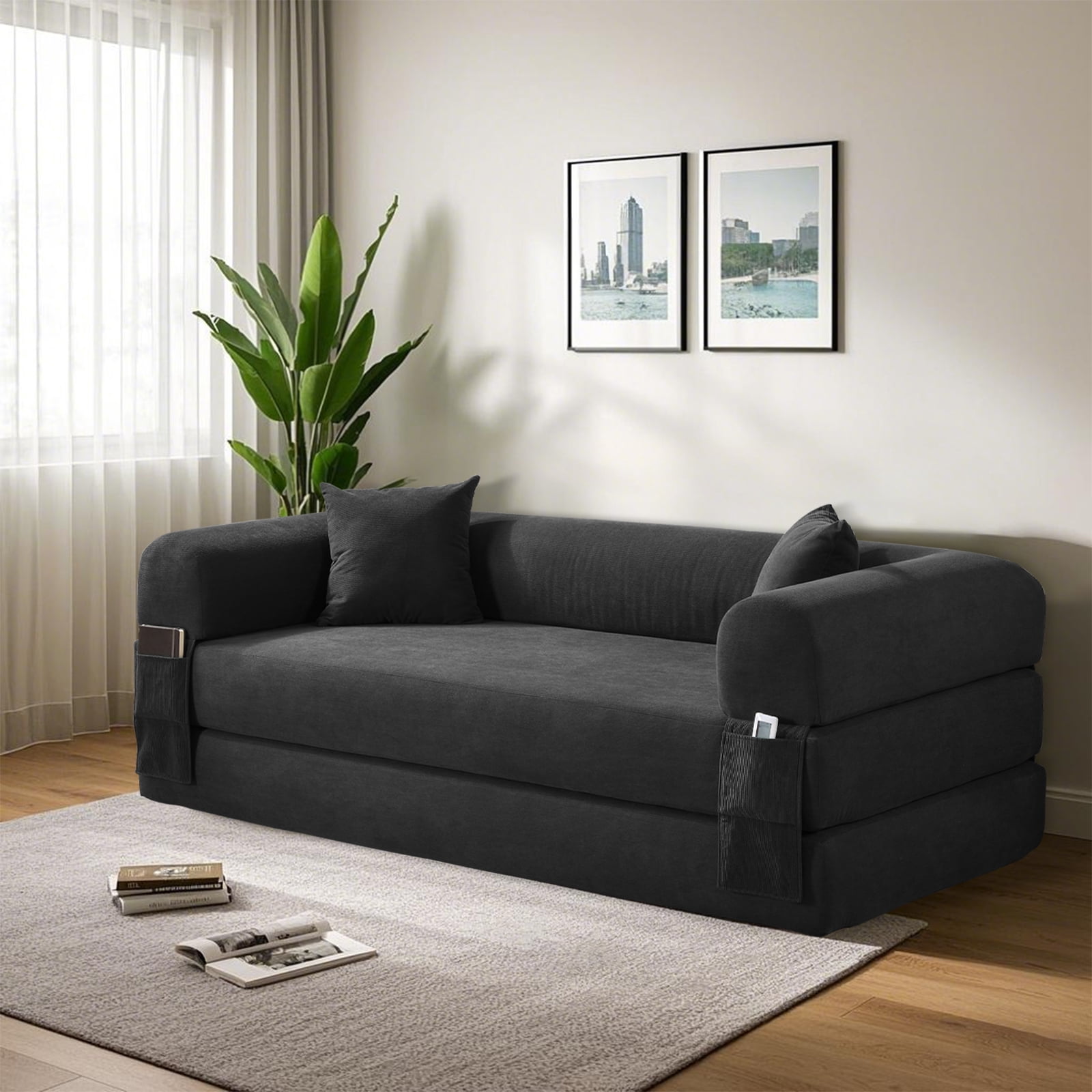 3 in 1 Convertible Sofa Bed, 80" Corduroy Folding Pull Out Couch with 2 Pillows, Floor Sofa with Side Storage for Living Room, No Assembly Modern Boneless Couch Compression Sofa, 35.4"W