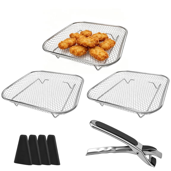 3-layer Air Fryer Rack, 8.3x8.3x3.6" Stackable Square Dehydrator Rack, Stainless Steel Air Fryer Accessories with Tongs and Silicone Feet for Baking, Roasting, Drying