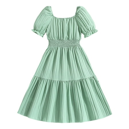 

Girls Dress Children s Puffed Sleeve Ruffled Solid Color Kids Clothes Sun Dress 8-9 Years