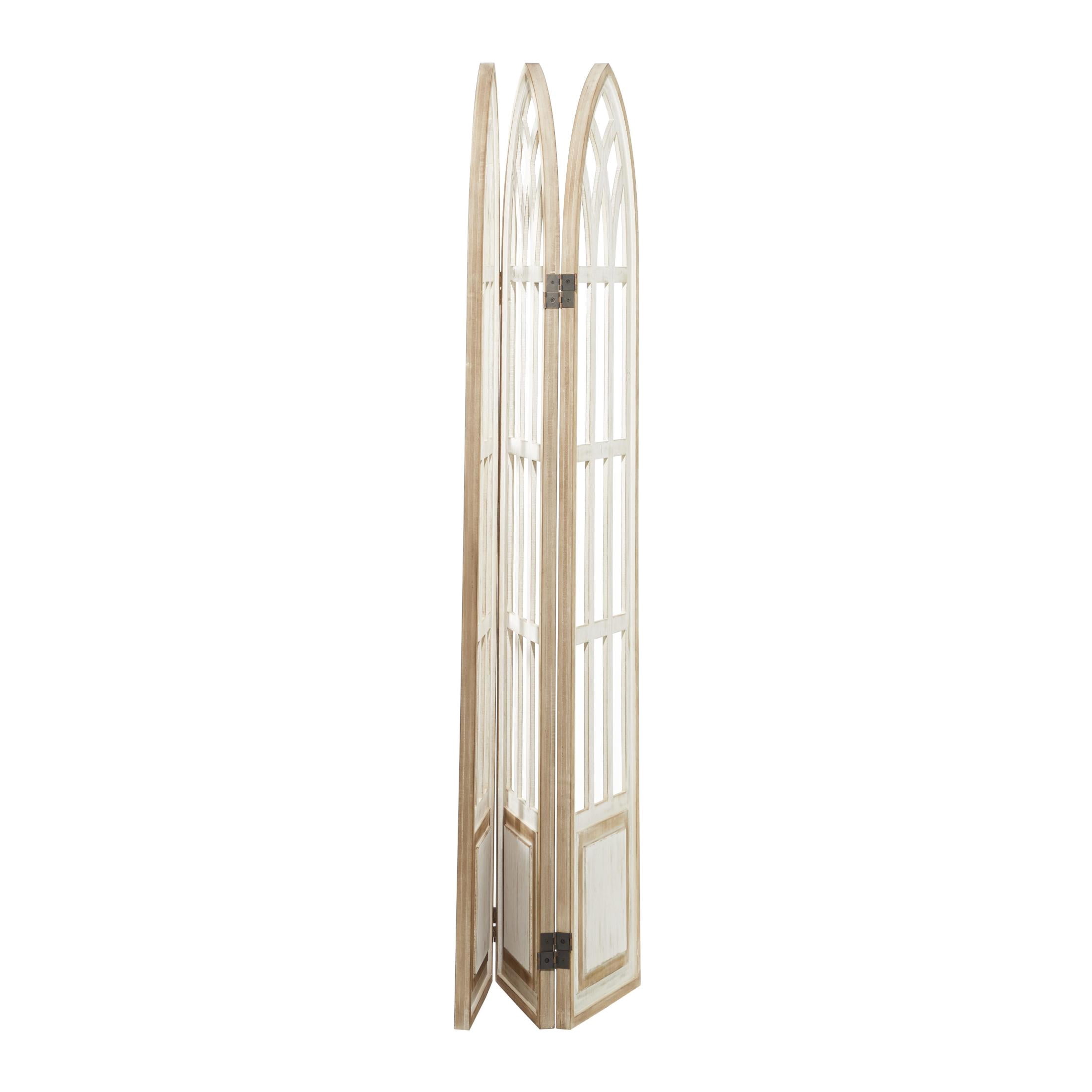 DecMode 48" x 72" White Wood Hinged Foldable Arched Partition 3 Panel Room Divider Screen with Window Pane Details, 1-Piece
