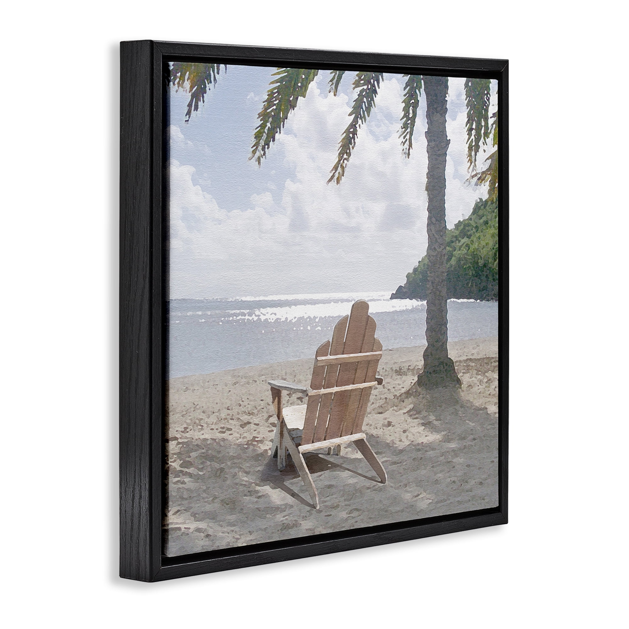 Stupell Industries Chair Under Palm Tree Coastal Photography Black Floater Framed Canvas Art Print Wall Art, 18 x 18