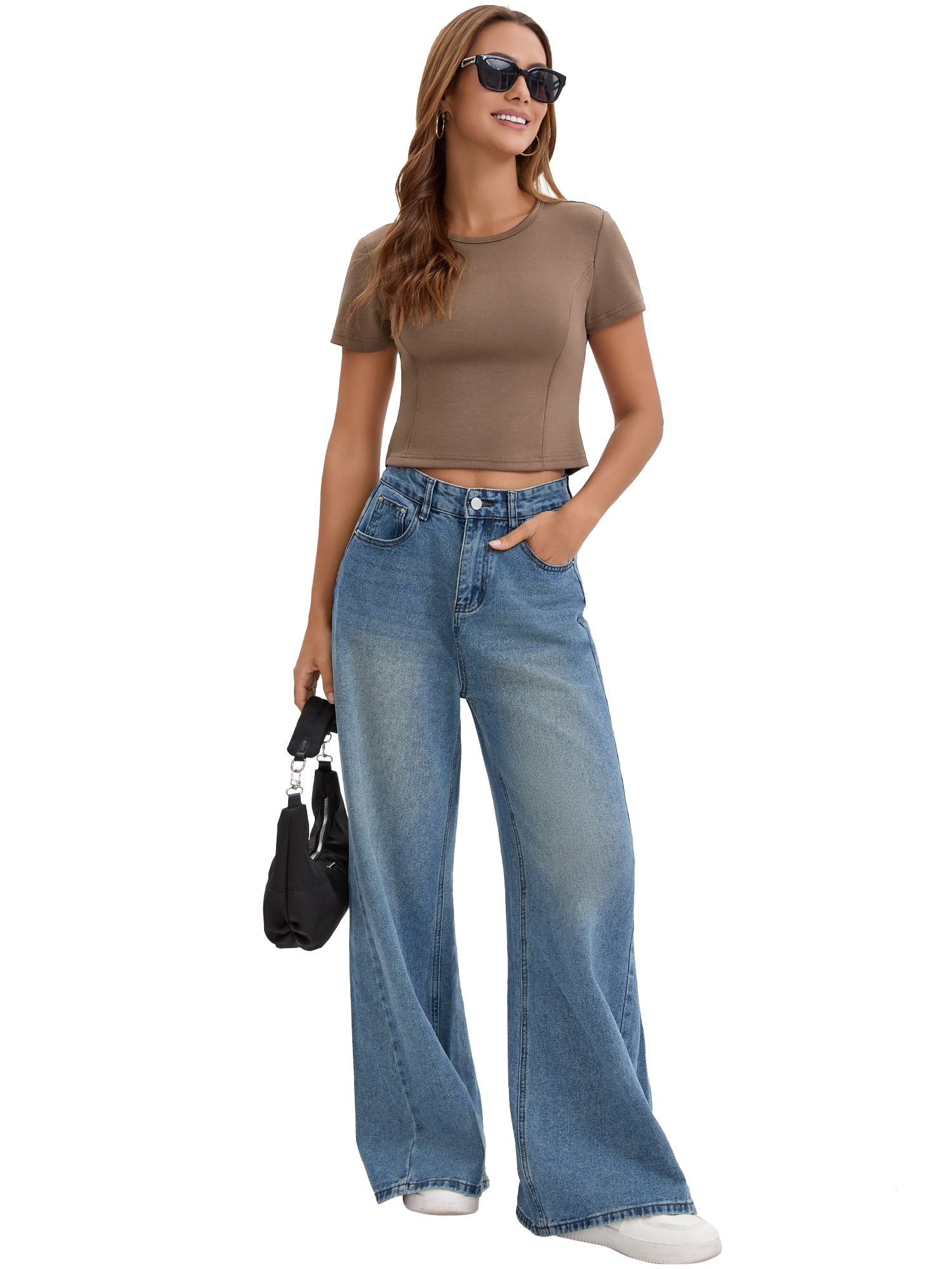 DARING DIVA Women's Cropped Basic Tees with Short Sleeves and Crewneck XL Brown