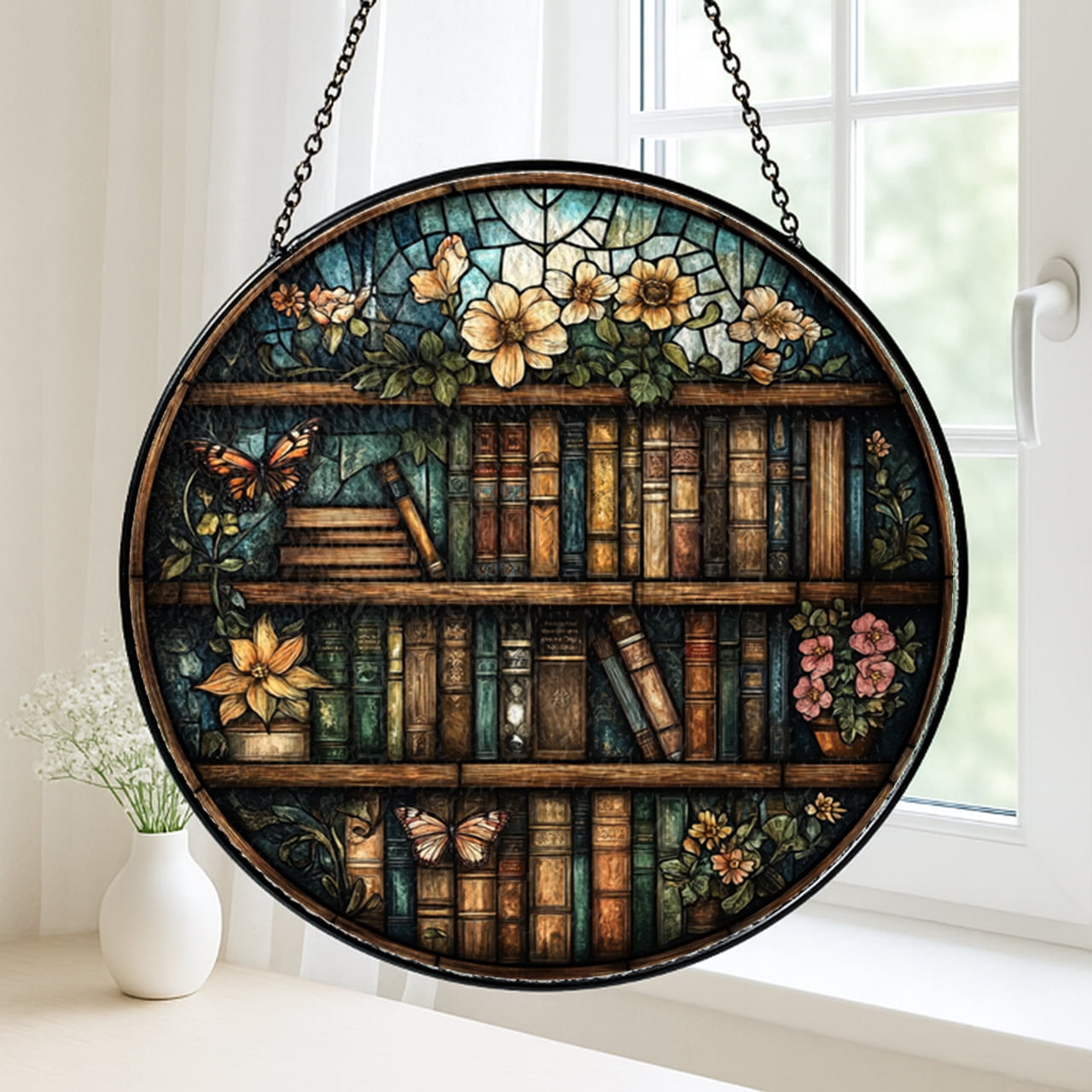Fantasy Bookshelf Faux Stained Glass Window Suncatcher – Decorative Art