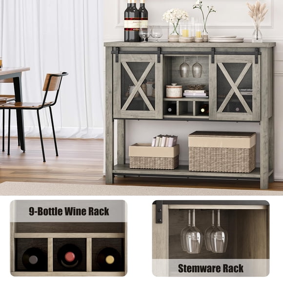 Kojooin Coffee Bar Cabinet, Console Entryway Table with Storage, Farmhouse Sideboard Buffet Cabinet with Sliding Barn Doors, Wine Liquor Cabinet with Racks for Kitchen, Hallway, Living Room