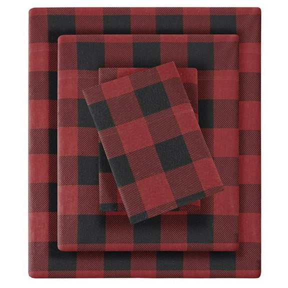 Pemberly Row Cotton Printed Queen Sheet Set in Red/Black Buffalo Check