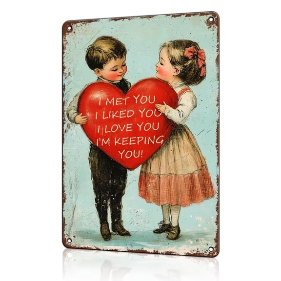 HELLOYOUNG Retro Metal Wall Art, "Met You Love You" Valentine Heart Balloon Iron Sign, 8x12 Inch Home Garden Decor, Rustic Romantic Gift for Wedding Anniversary