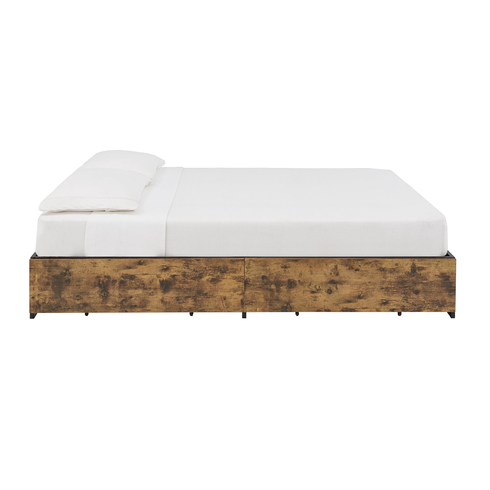Weston Home Utica Wood Finish Panel Black Metal Platform Bed with Storage Drawers, Queen Size
