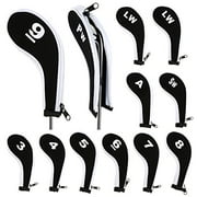 Hipiwe Number Print Golf Club Iron Covers Durable Neoprene Zippered Head Covers with Long Neck - Set of 12 (Black + White)