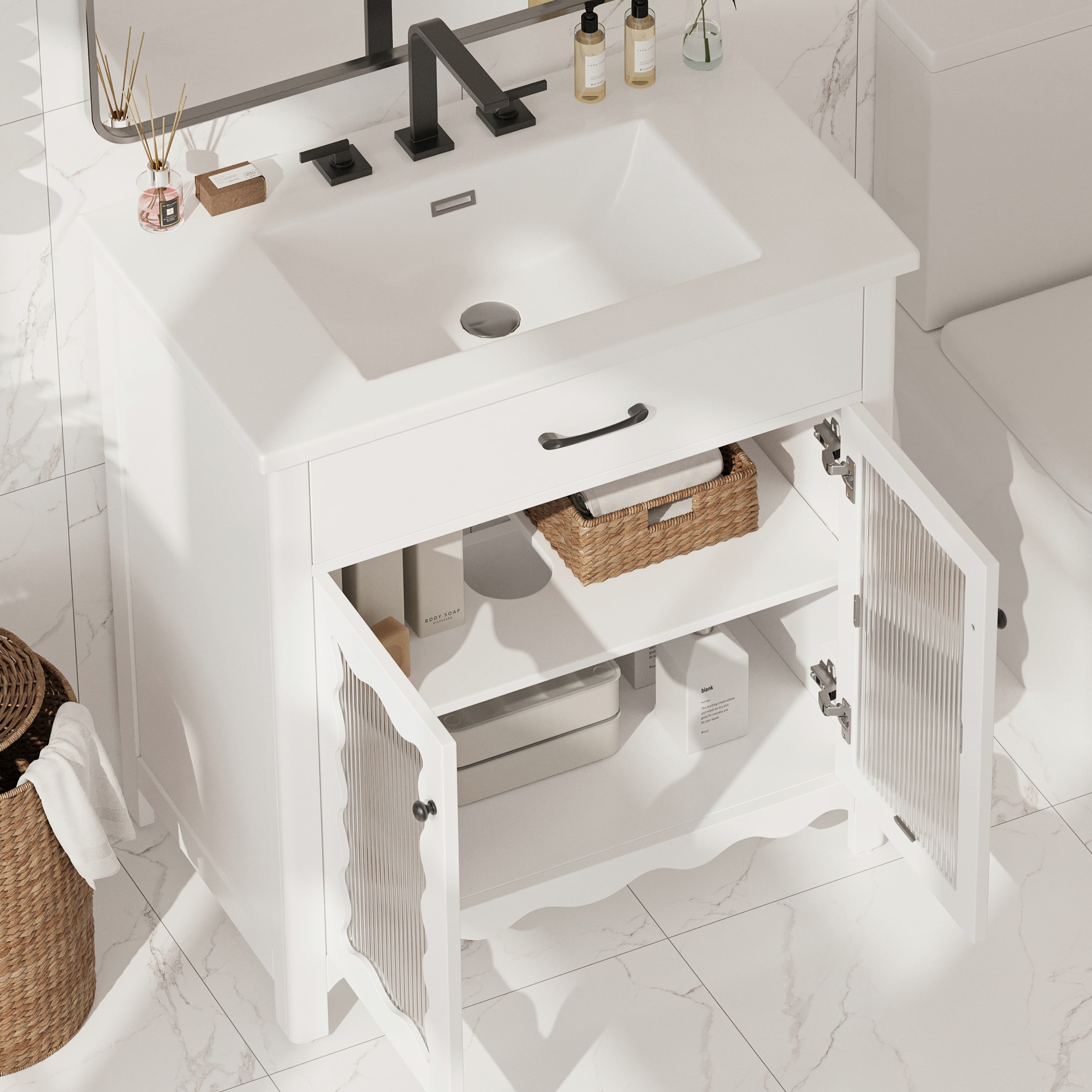 Euroco 31" Bathroom Vanity with Tempered Glass, Modern Bathroom Cabinet with Rubber Wood legs and Soft close Doors, White