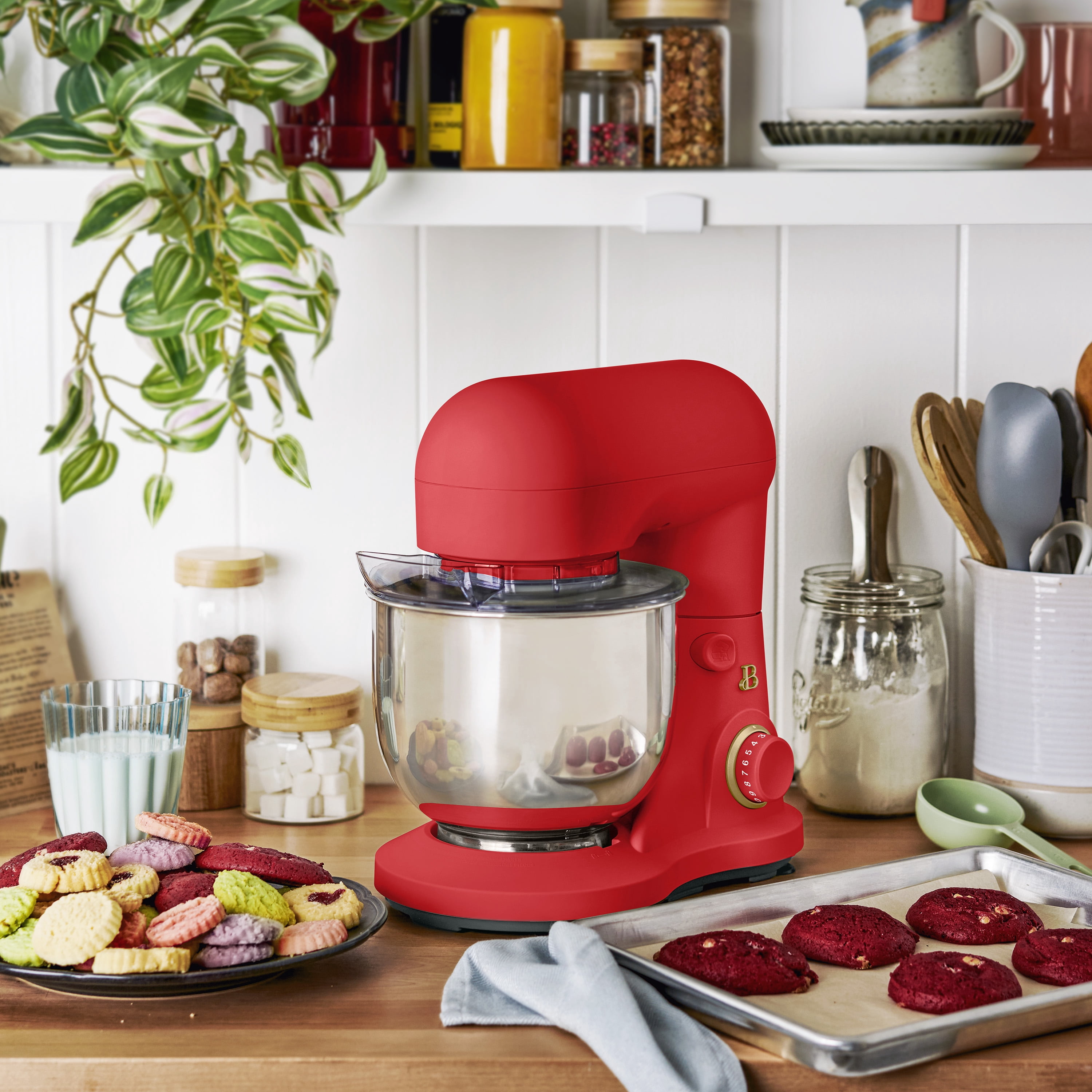 Beautiful 3.5 Qt Stand Mixer with Flat Beater, Dough Hook, Balloon Whisk, Tomato Red by Drew Barrymore