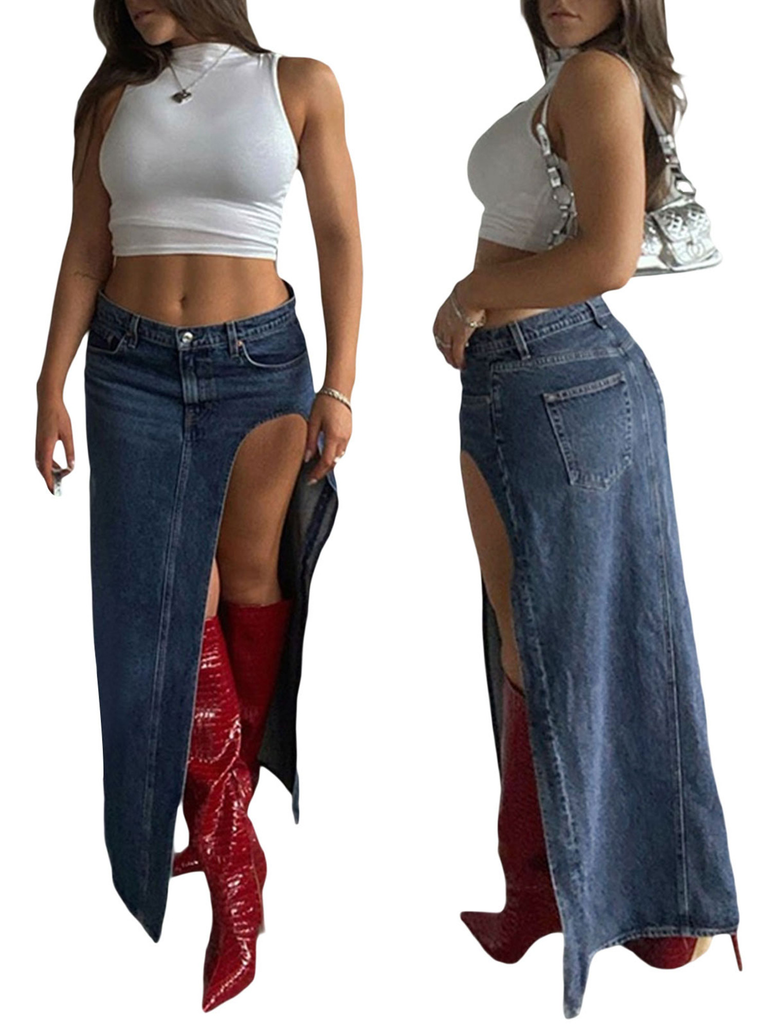 Sunisery Women High Waist Side Split Denim Long Skirt Vintage Slim A