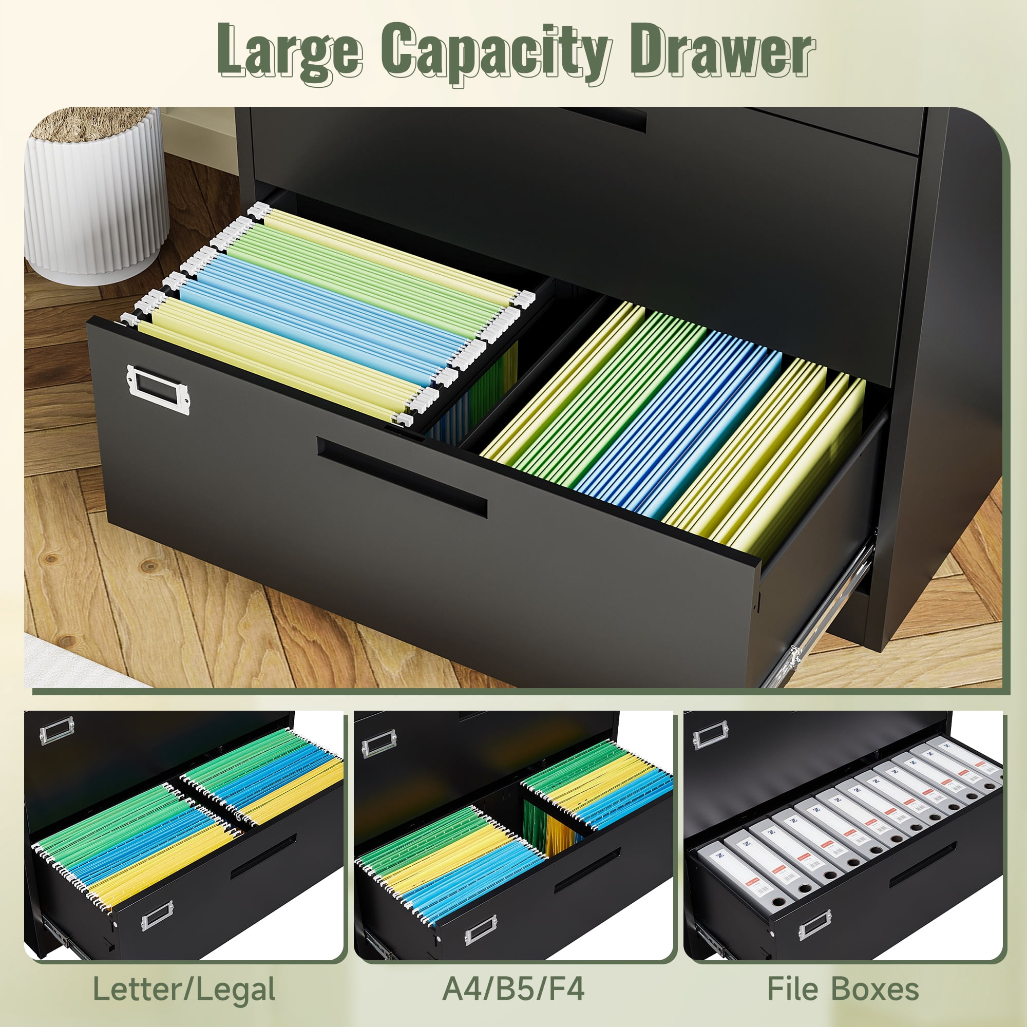 AUHUP 2 Drawer File Cabinet with Lock, Metal Lateral Filing Storage Cabinet Fits Letter/Legal/F4/A4 Size, File Cabinets for Home Office (Black-Assembly Required)