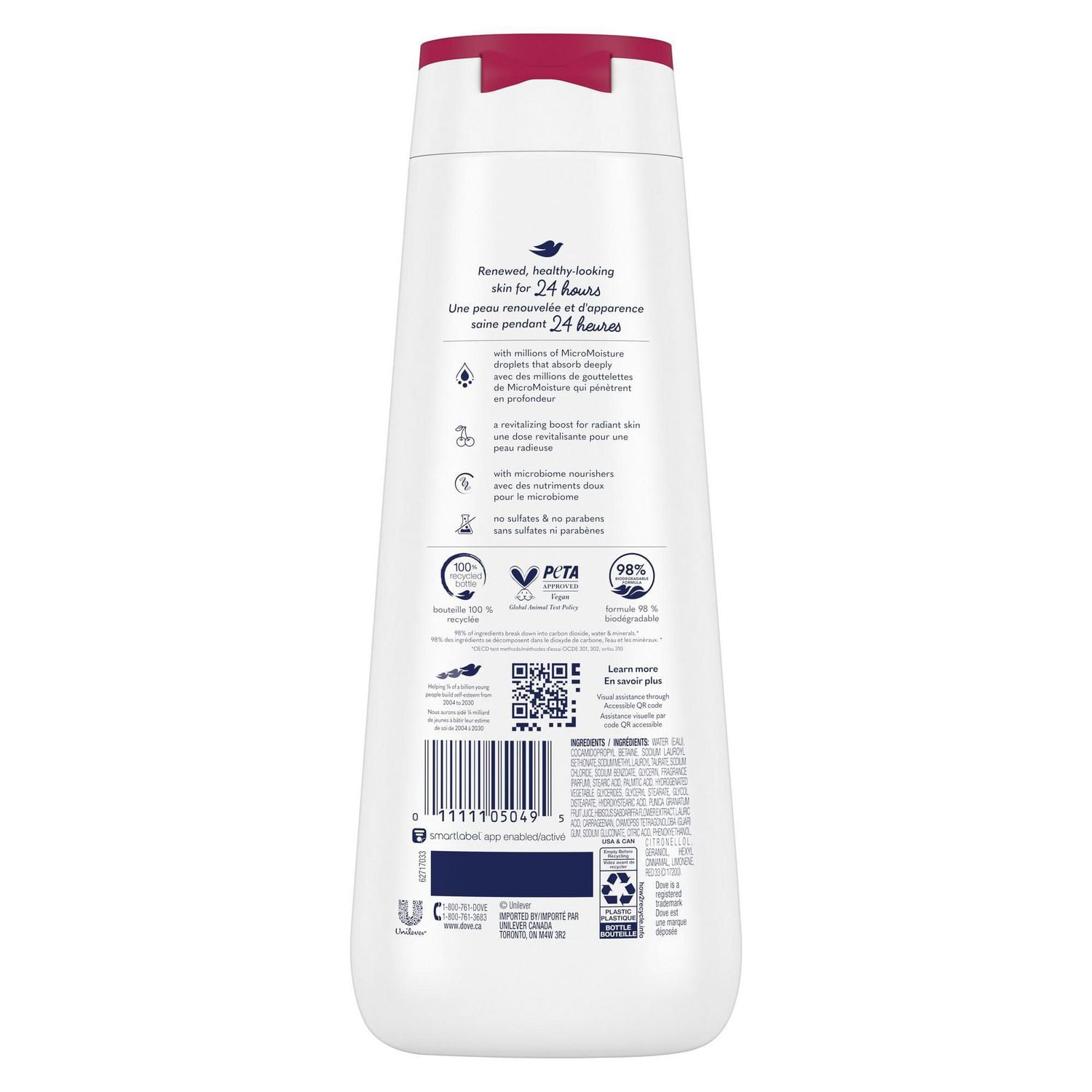 Dove Nettoyant Corporel Pour une Peau Douce et Hydratée Pendant 24h Revitalisant Cerise et Lait de Chia - Sans Sulfates Sans Parabènes 591 ml 591ml