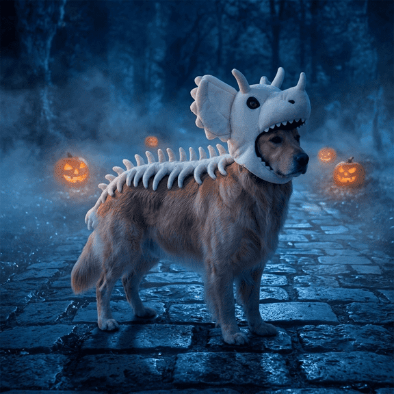 100cm Plush Dinosaur Skeleton Dog Costume Headpiece White Cotton Filled Pet Halloween Photo Prop Wearable Stuffed Hat without Ear Holes
