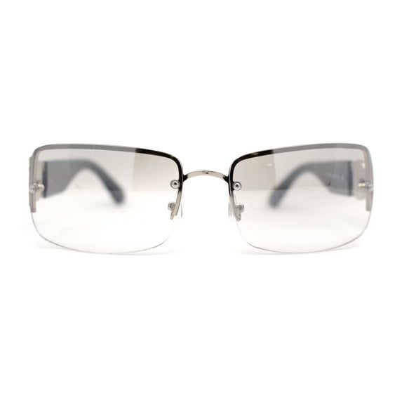 Luxury 90s' Rimless Thin Metal Rectangular Fashion Sunglasses Silver Black Grey Clear