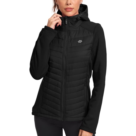 YIRUIYA Women's Fleece-Lined Thermal Hooded Puffer Jacket, Full Zip Lightweight Hybrid Softshell Winter Coat