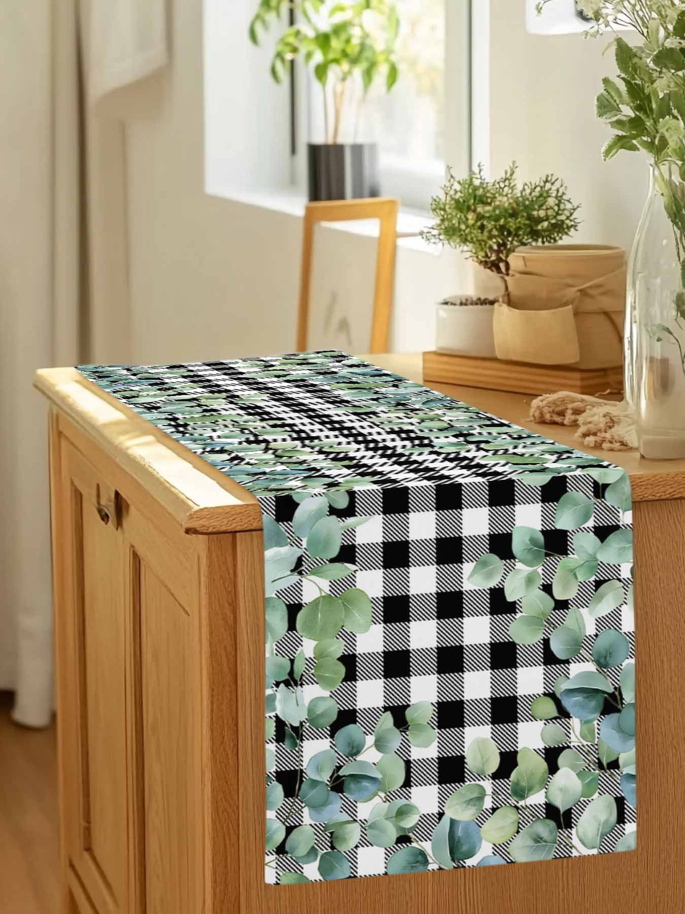 Farm Eucalyptus Leaves Table Runner 90 Inches Long, Geometric Black White Plaid Table Runners Tabletop Scarf Kitchen Dining Tables Decoration for Home Party Indoor Outdoor