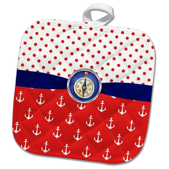 3dRose, Cute Red, White, Blue Nautical Anchors and Polka Dots With A Compass, 8x8 Potholder