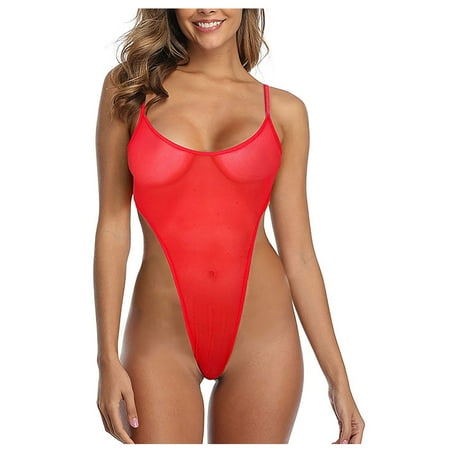 

BIZIZA Womens Teddy One Piece Babydoll Sexy Lingerie Mesh See Through Bodysuit Red S
