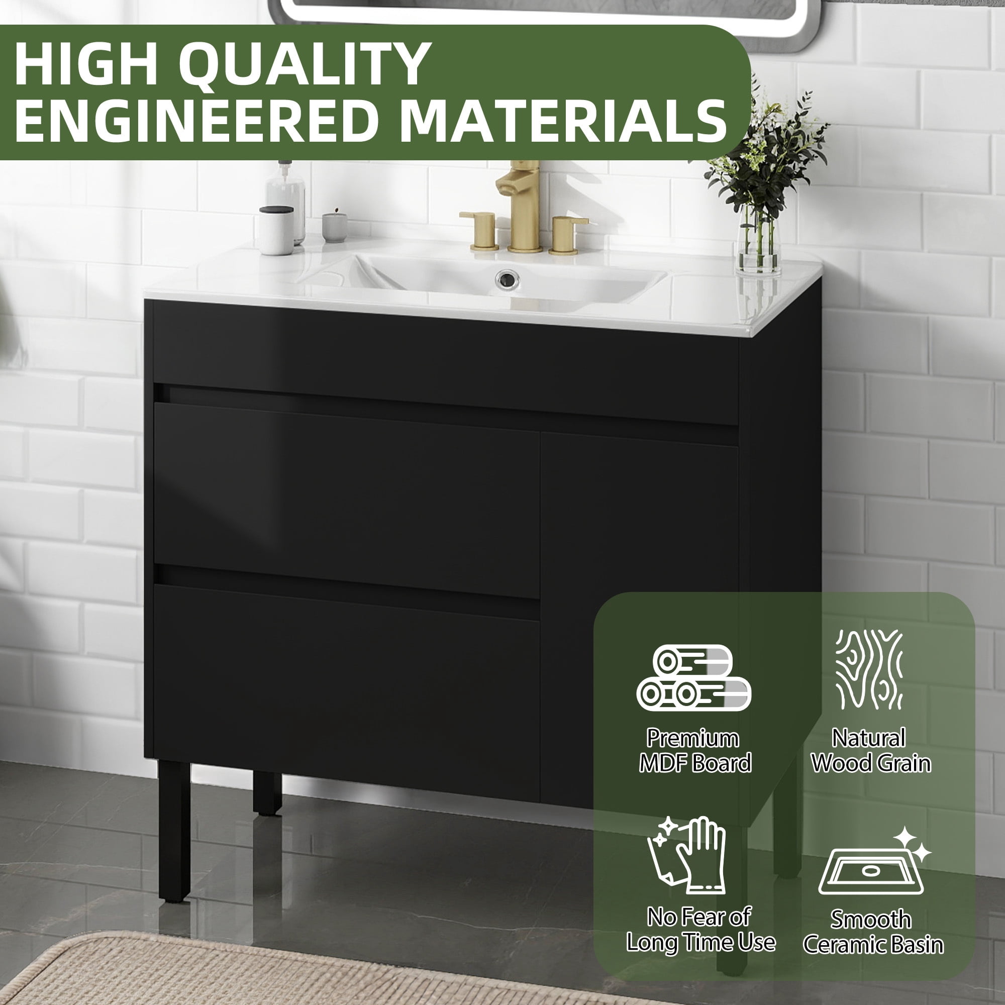 Uforic 36 Inch Bathroom Vanity with Sink, Freestanding Storage Bathroom Vanity for Media Space, with 1 Soft Closing Cabinet & 2 Drawers, Black, Mid-Century Modern