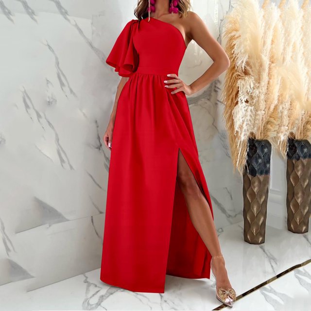 Womens Plus Size Dresses Women's Autumn Solid Color Ruffled Slanted Shoulder Hem Slit Short Sleeve Slanted Shoulder Dress Short Sleeve Dress on Clearance