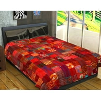 Indian Silk Twin Red Patola Sari Patchwork Kantha Bedspread Bed Cover BohemianThrows Quilted Reversible Blanket