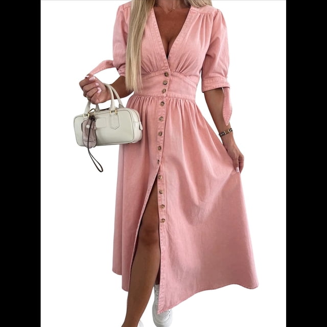 Vestido de Mezclilla con Cuello en V y Botones para Mujer, Cintura Media, Corta y Abertura Rosa L
