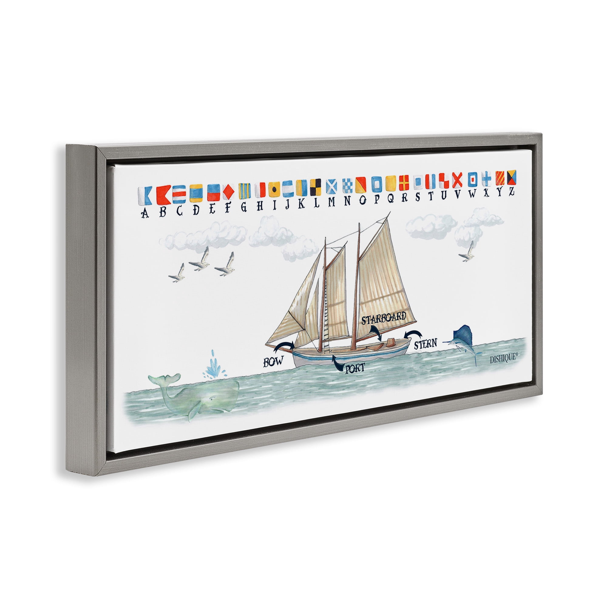 Stupell Industries Nautical Sailing Flags Educational Transportation Painting Gray Floater Framed Canvas Art Print Wall Art, 31 x 14