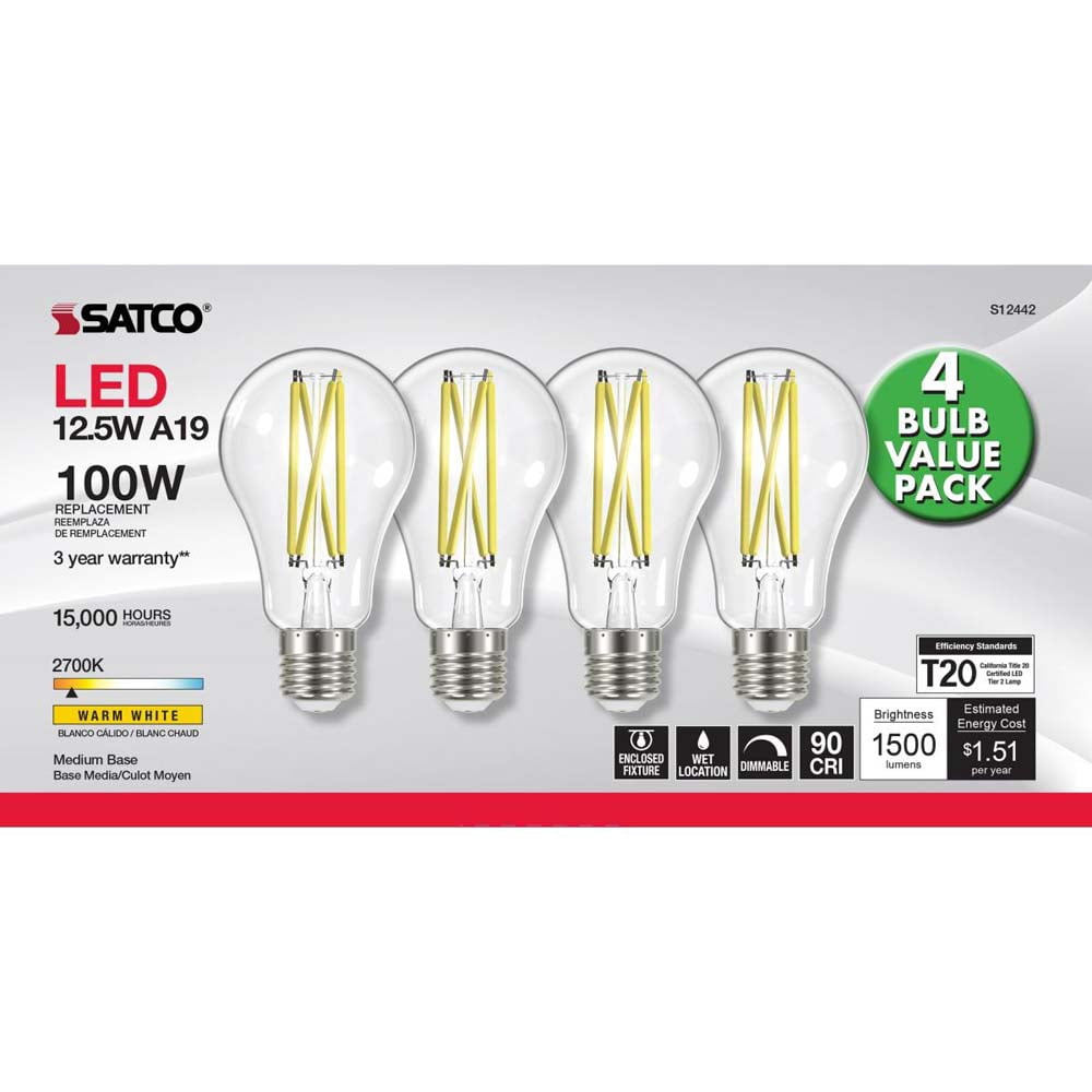 Satco Nuvo 100W Equivalent Warm White A19 Medium Clear LED Light Bulb (4-Pack)