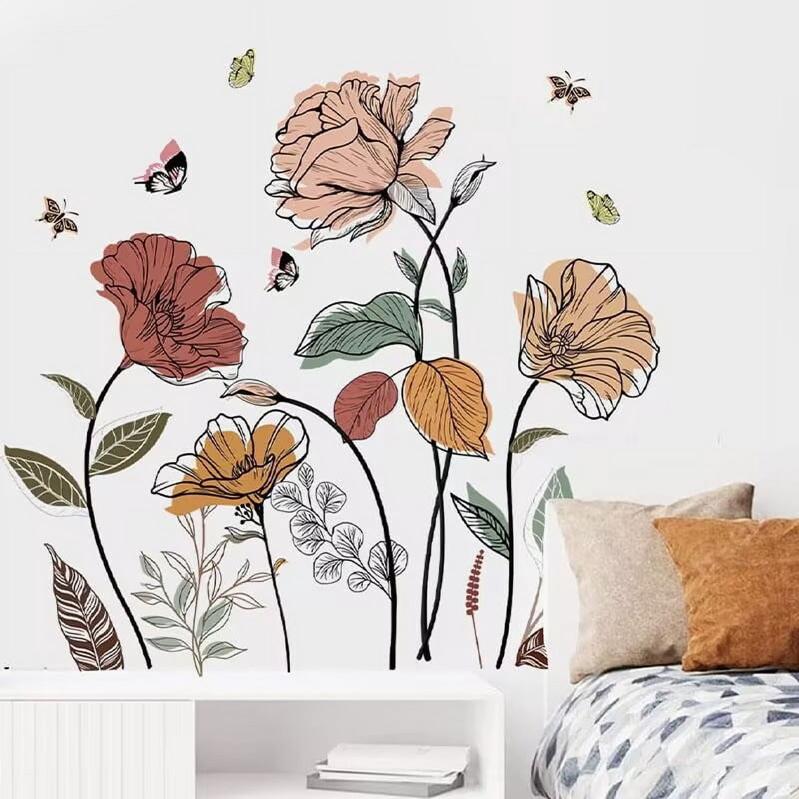Boho Flower Wall Decals Wildflower Plants Grass Wall Stickers Large Floral Wall Art Decor for Living Room Bedroom Office TV Sofa Backdrop Home Decor Gifts for Mom