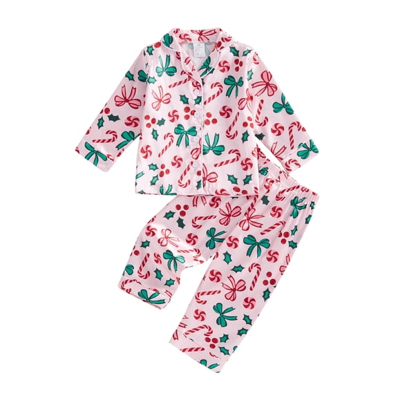 Cjfdfy Toddler Baby Girl Christmas Day Silk Stain Pajamas Set Kids Girl PJS Set Sleepwear Spring Fall Winter Clothes Candy Cane Long Sleeve Button Down Shirt with Long Pants Set Loungewear 1-12Y