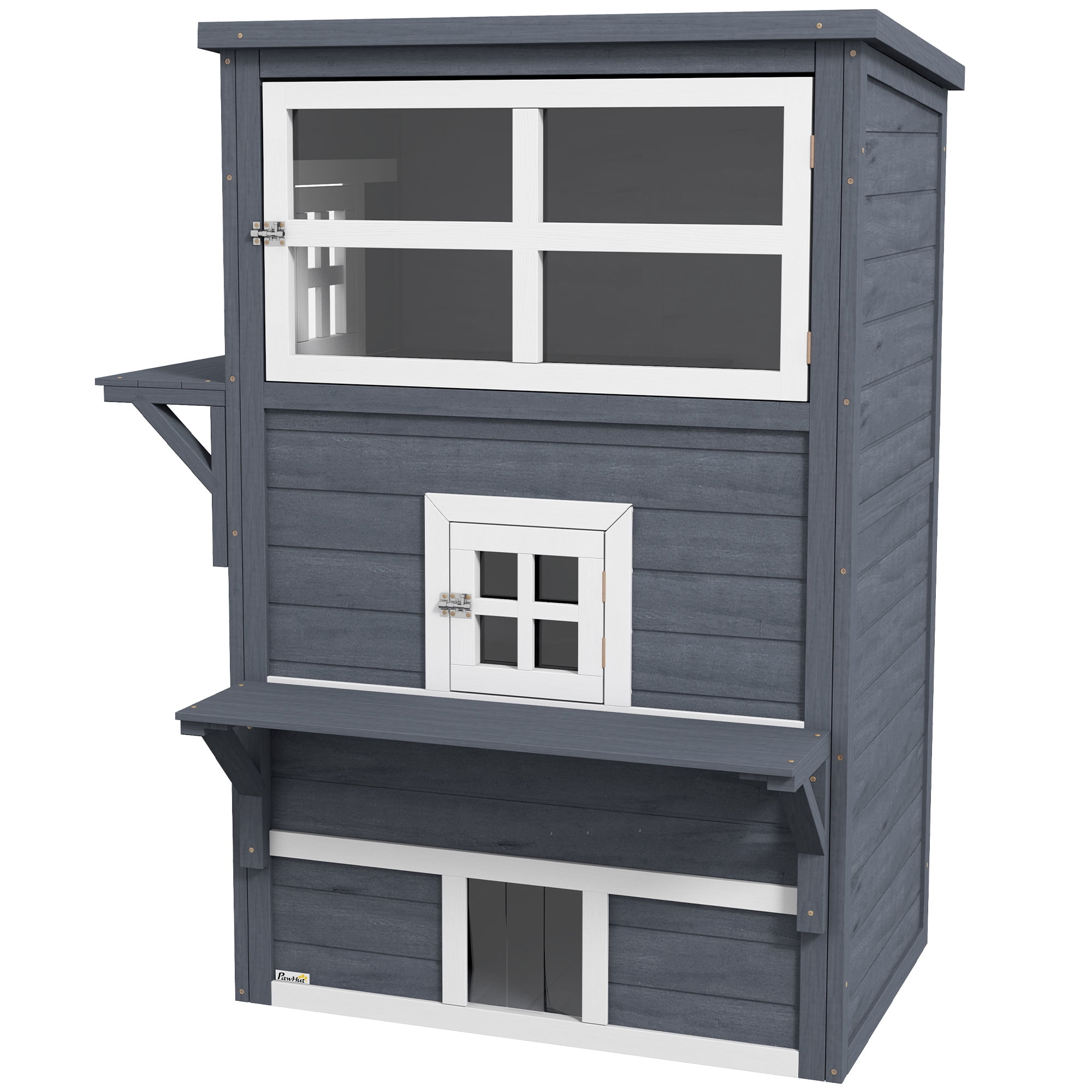3-Story Cat House Feral Cat Shelter, Outdoor Kitten Condo with Raised Floor, Asphalt Roof, Escape Doors, Jumping Platforms, Dark Gray
