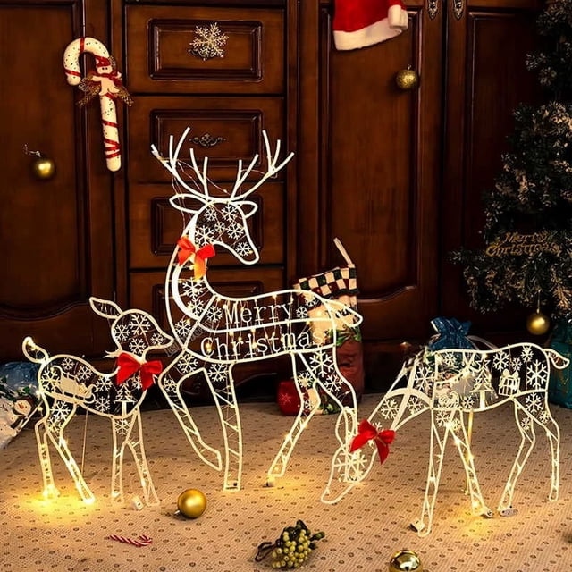 3 Piezas de Hierro Hecho A Mano ArtElk Ciervos Decoración de Jardín de Navidad y Luz LED Brillante Brillo de Navidad Hogar Al Aire Libre Patio Decoración