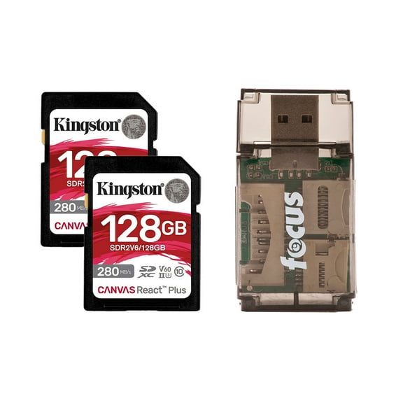 Kingston Canvas React Plus V60 UHS-II 128GB SD Memory Card with 280MB Per Second Read Speed (2-Pack) Bundle with Card Reader (3 Items)
