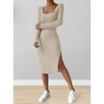 thumbnail image 4 of Women'S Autumn Dress 2 Long Sleeve Square Neck Knit Midi Beach Resort Dress Slit Slim Maxi Dress Beige Apricot XXL, 4 of 8